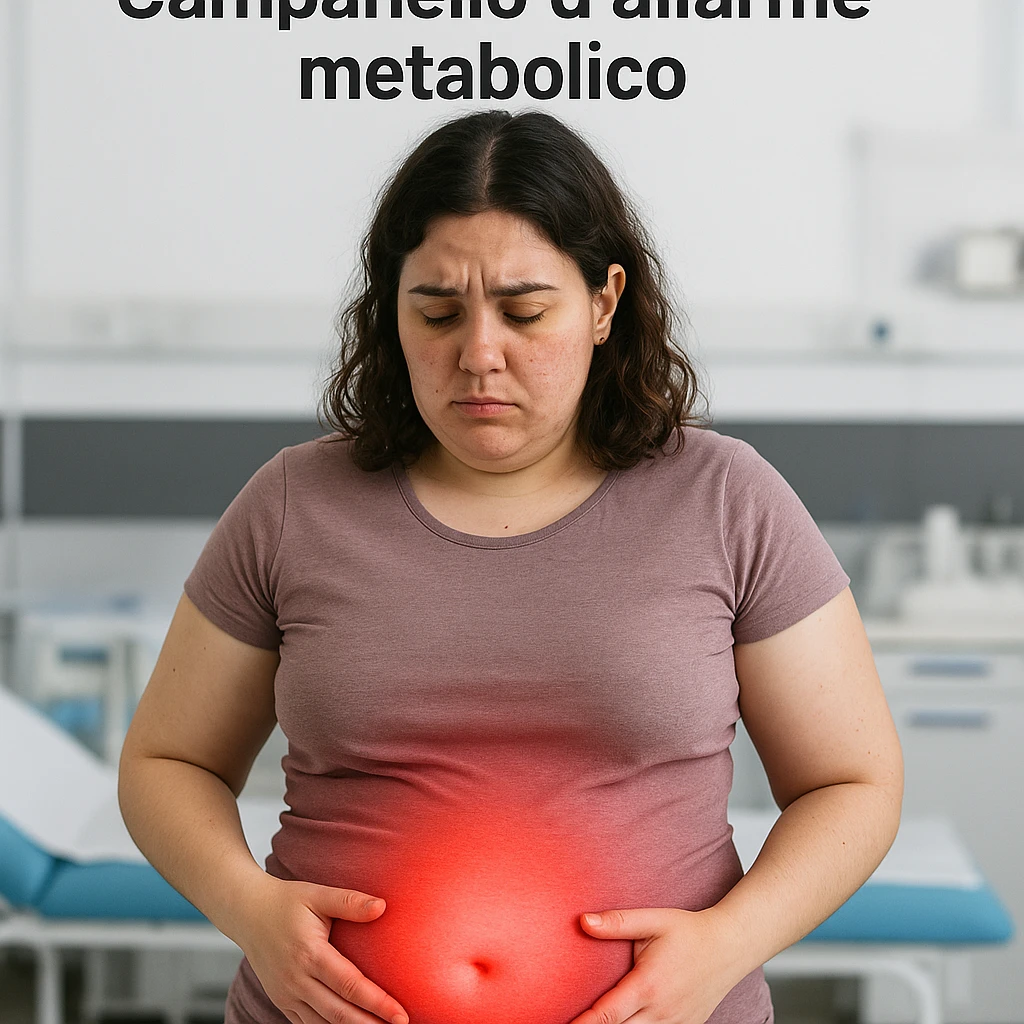 adult woman with PCOS, simple clothing, visibly bloated belly highlighted by a red halo, worried expression, Italian text: 'Pancia gonfia? Campanello d’allarme metabolico', clinical background, 4K quality emoji