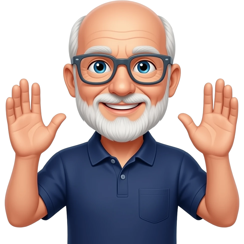 skinny old bald man with white beard with red tint, blue eyes, dark gray glasses, hands up, navy polo shirt, smiling emoji