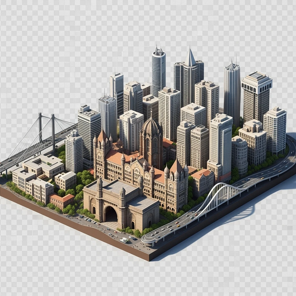 Isometric miniature of Mumbai city, featuring iconic landmarks like Gateway of India, Bandra-Worli Sea Link, Chhatrapati Shivaji Terminus,  clustered high-rises and skyscrapers, 3D miniature effect and Tilt Shift effect, no cartoonish look, transparent background. emoji