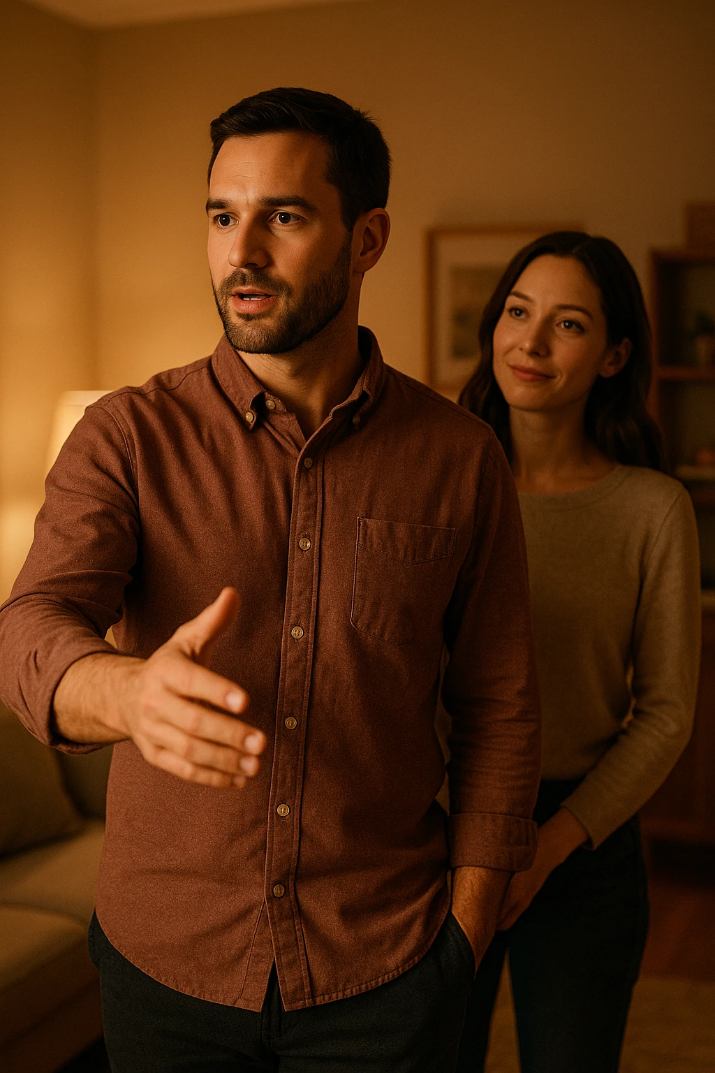 a woman stands slightly behind a man in a domestic setting, looking at him con fiducia e attesa. Il man is upright, with a confident and decisive posture, gently gesturing as if giving direction. The woman’s body language is relaxed and receptive, showing that she trusts and follows his lead. The background is warm and softly lit, emphasizing the couple’s dynamic. emoji