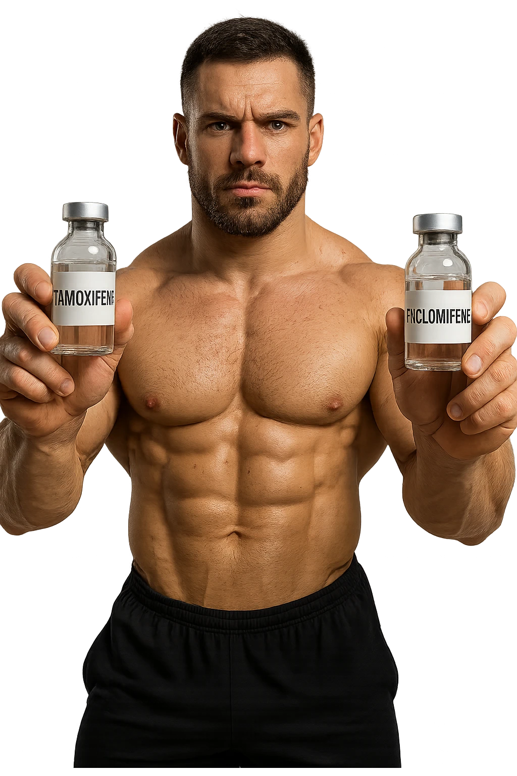 bodybuilder tiene una fiala medica con la scritta "TAMOXIF€NE" NELLA MANO DESTRA E UNA FIALA CON LA SCRITTA €NCL*MIFENE" NELLA MANO SINISTRA emoji