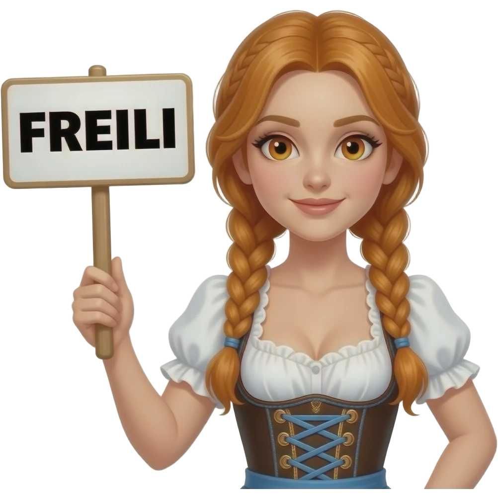sexy girl with overlong ginger hair in braids and ginger eyes wearing a dirndl holding a FREILI sign emoji
