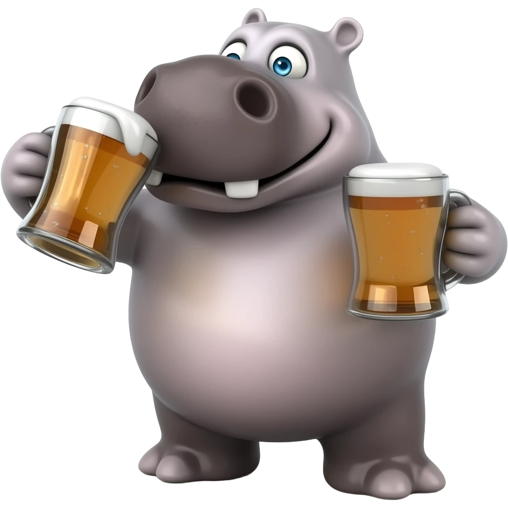 Hippo chugging beer acting very silly crazy drunk drinking beer silly face beer both hands lots of beer very goofy emoji