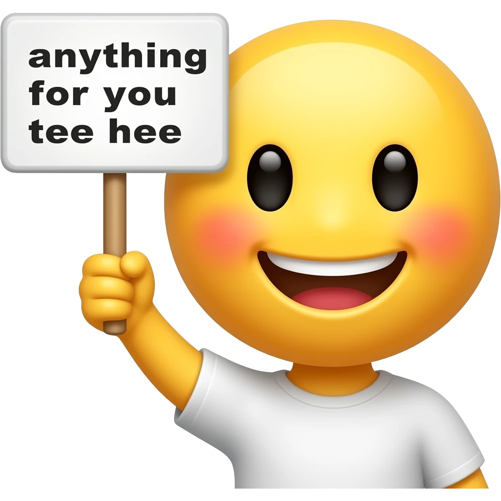 Yellow smiley blushing in love holding up a sign sign that says "anything for you tee hee" emoji