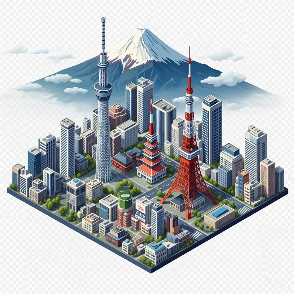 Isometric illustration of Tokyo, with photorealistic detailed miniature cityscape included Tokyo Tower, Skytree, Shibuya Crossing, Mount Fuji in background, balanced colors, subtle 3D miniature effect and Tilt Shift effect, no cartoonish look, transparent background. emoji