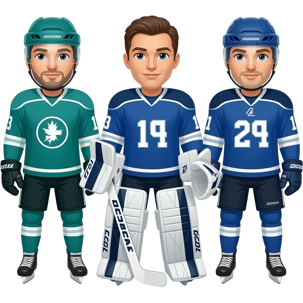 This is great. I need Left Defense in here though in a teal jersey. Make the goalie purple as well. I also need them in 6 seperate messages so I can save them indivdually emoji