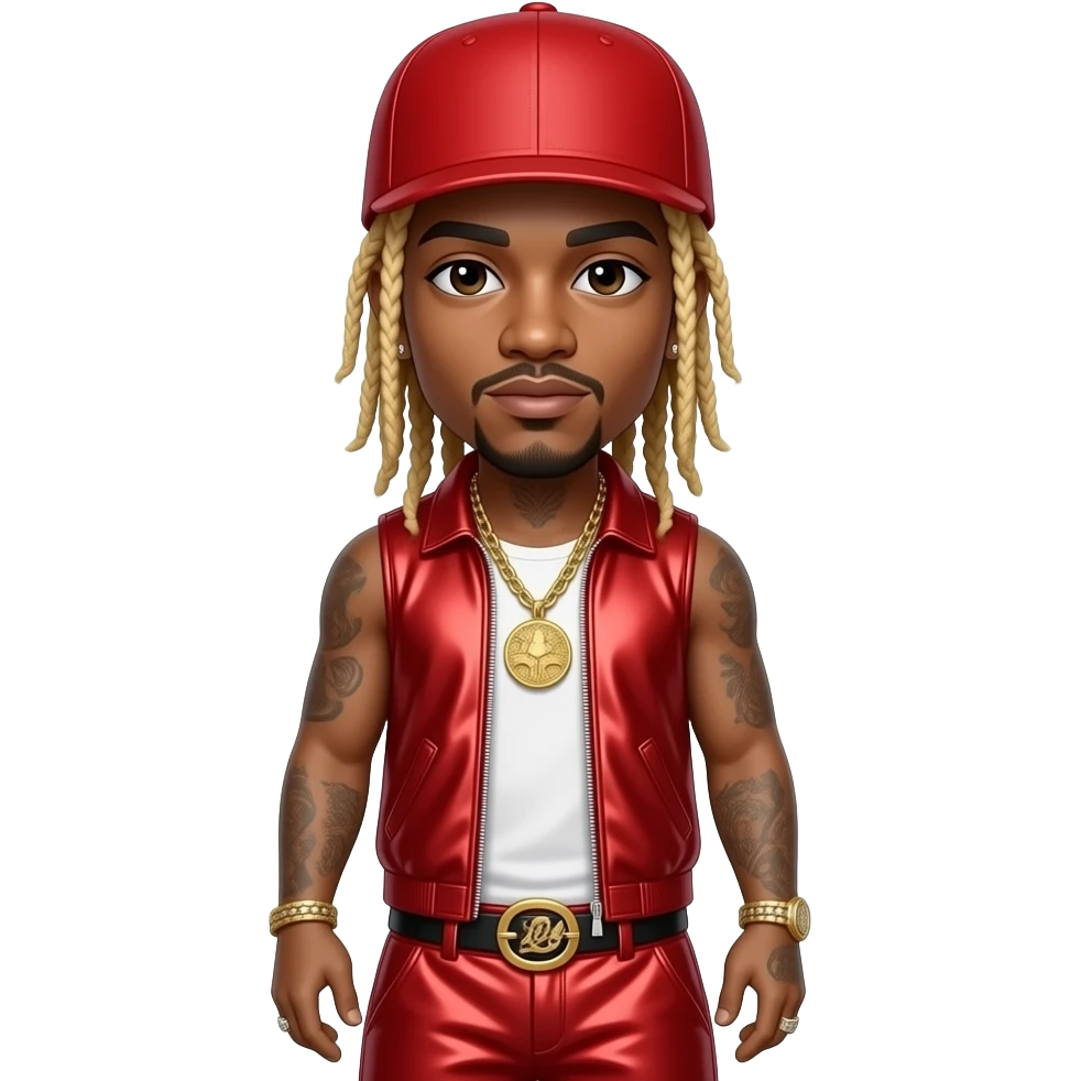 Lil Wayne with dark brown eyes, long blonde hair, red cap, red metallic hip-hop sleeveless shirt, red metallic hip-hop baggy pants, necklace and earrings emoji
