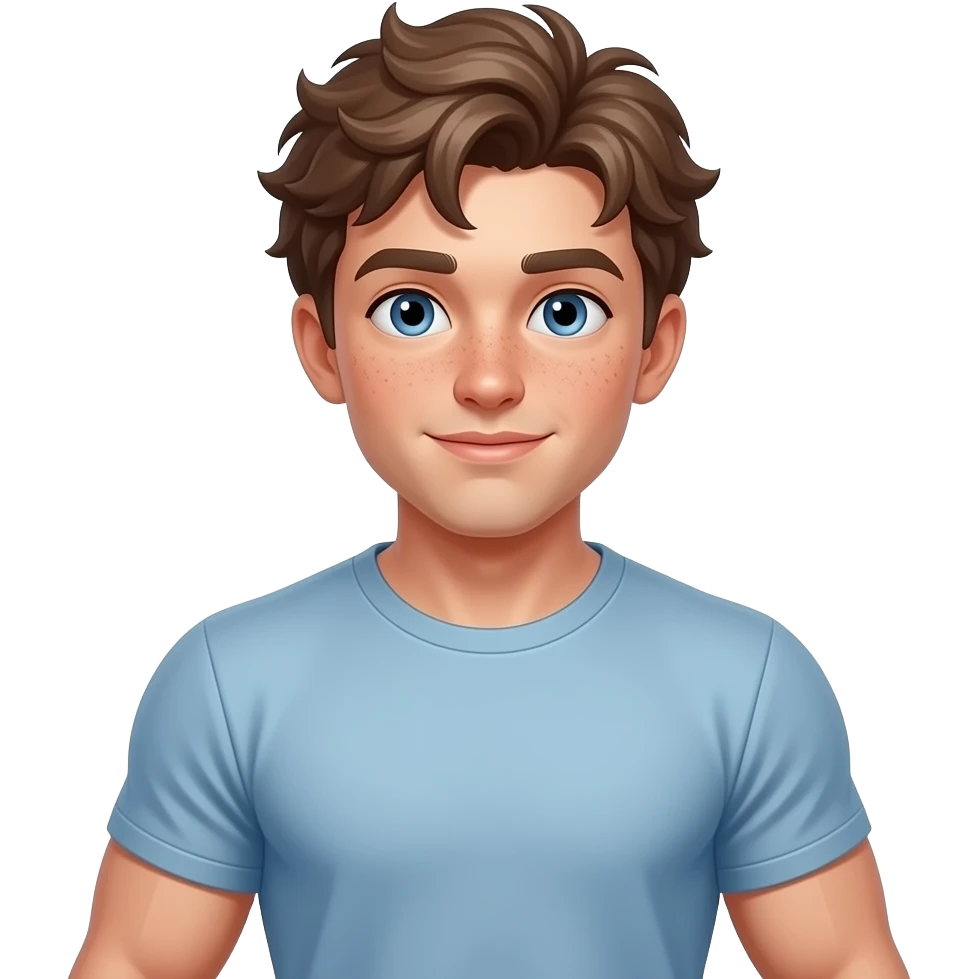 Hazme un chico con pelo rebelde castaño, ojos azules y unas pecas. Tiene que estar caminando. Y que sea musculoso. que tenga camiseta emoji