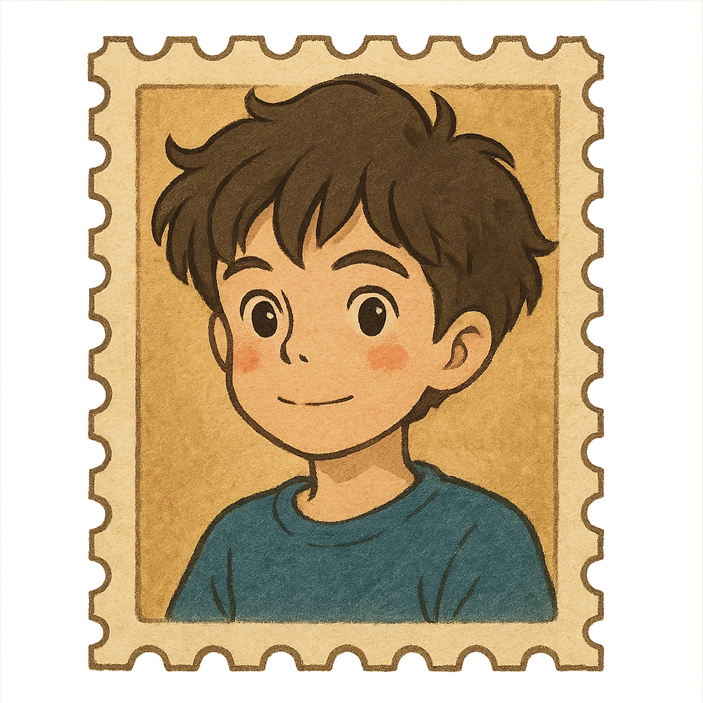 boy with slightly wavy hair designed as a letter stamp emoji