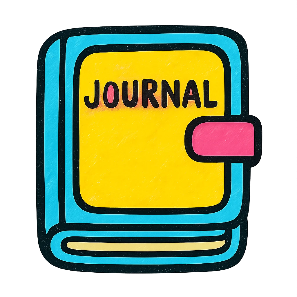 A journal icon, flat design with a book cover and pages, using bright colors and simple shapes. emoji