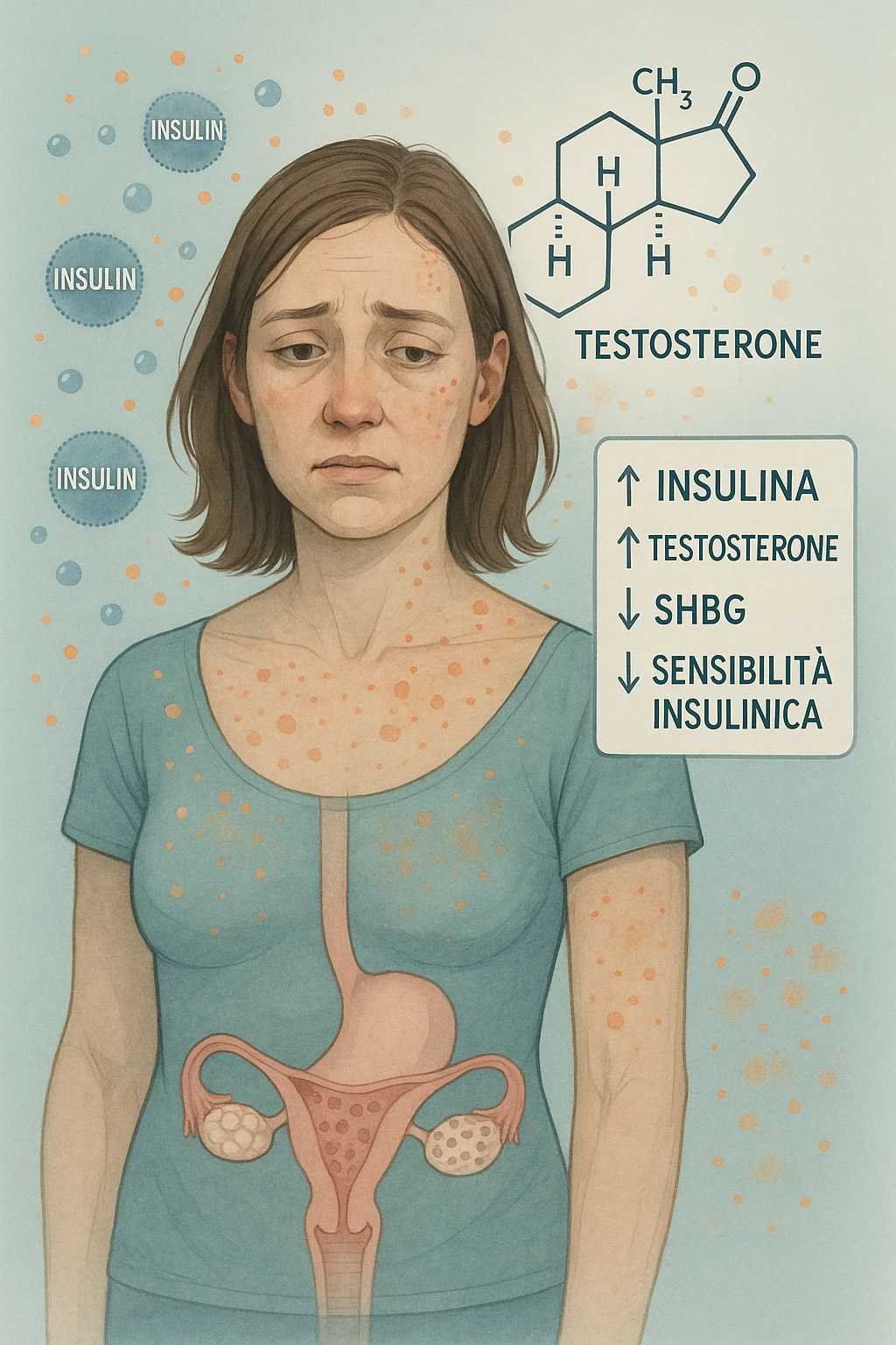 Donna tra i 25 e i 35 anni in primo piano, con espressione affaticata. Intorno al suo corpo appaiono in modo stilizzato e simbolico squilibri ormonali: molecole di insulina in eccesso fluttuano attorno, androgeni (testosterone) evidenziati sopra la testa, segnali visivi di infiammazione cronica lieve. Sopra le ovaie (visibili in trasparenza) compaiono piccole cisti multiple. Accanto a lei, un diagramma stilizzato mostra: '↑ Insulina', '↑ Testosterone', '↓ SHBG', '↓ Sensibilità insulinica'. L’atmosfera è scientifica, educativa ma empatica. Stile realistico con elementi infografici fluttuanti e colori freddi ma puliti. in italiano emoji