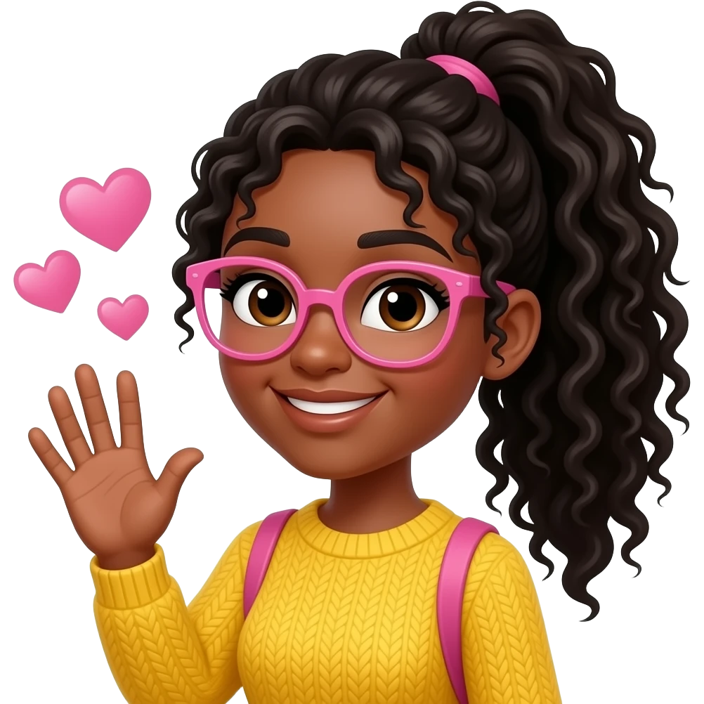 A curvy black pale light skinned woman with long curly hair in a high ponytail, with pink glasses, wearing a yellow sweater, waving at the camera, with hearts in the background emoji