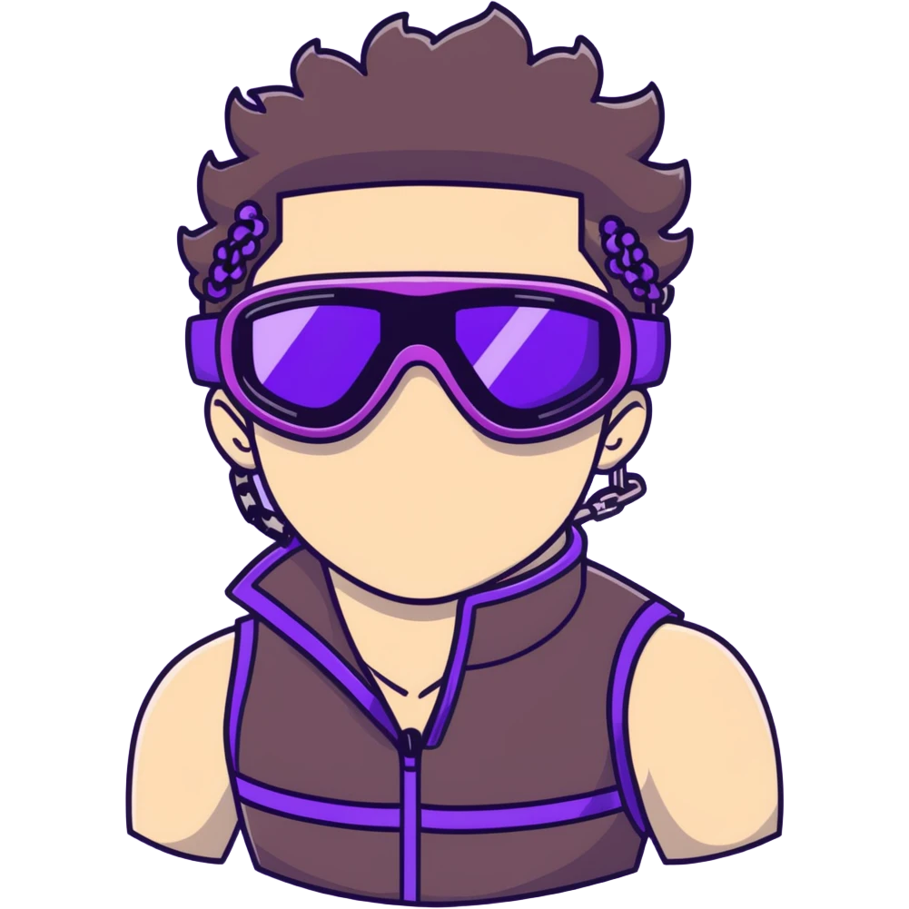 close-up of bad guy male athlete with white skin and moderately curly dark brown hair on top with shaved sides, wearing ski goggles with purple frames and very dark black lenses, a simple plain black chain necklace, and a completely unzipped sleeveless vest with purple and black sequin fire pattern design with no logo, with an extremely arrogant sneer on his face, looking menacing and villainous, exuding overconfidence and a threatening aura emoji