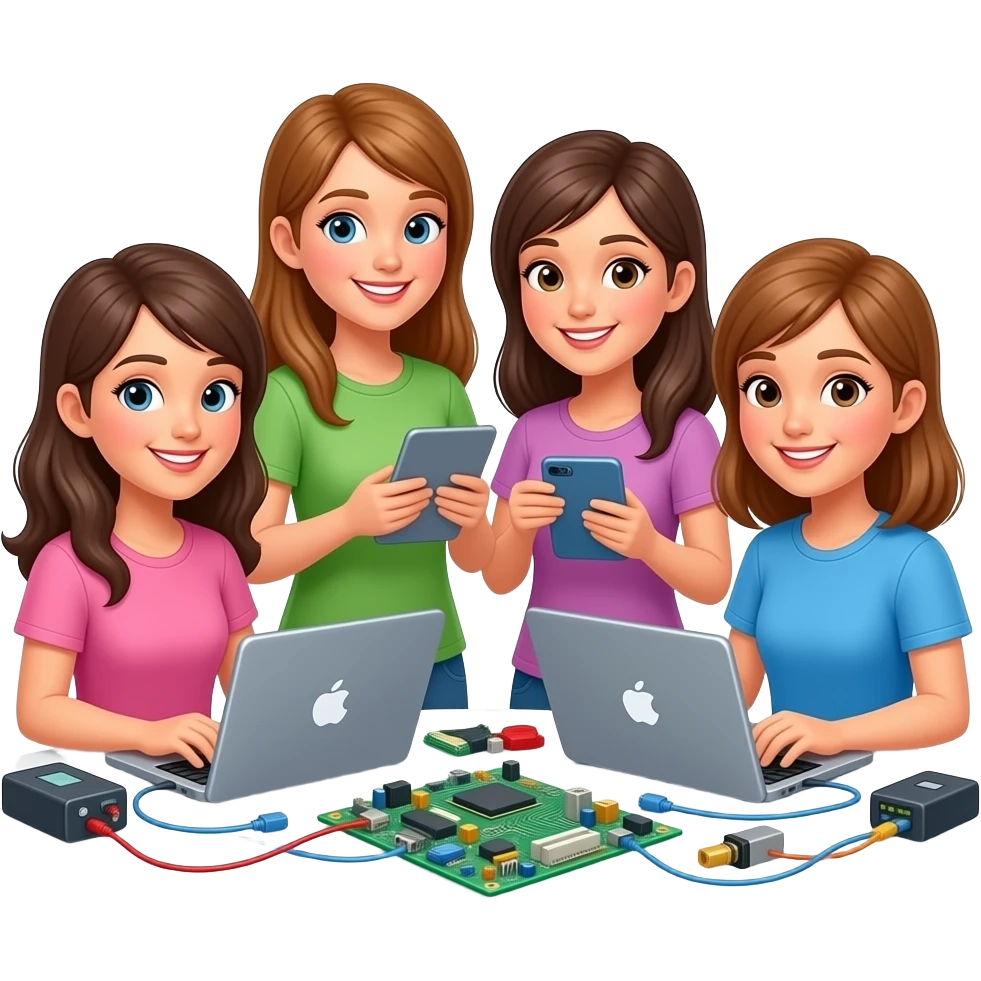 create 4 girl with laptop, hardware, connectivity, hosting make him cuter more smiley emoji