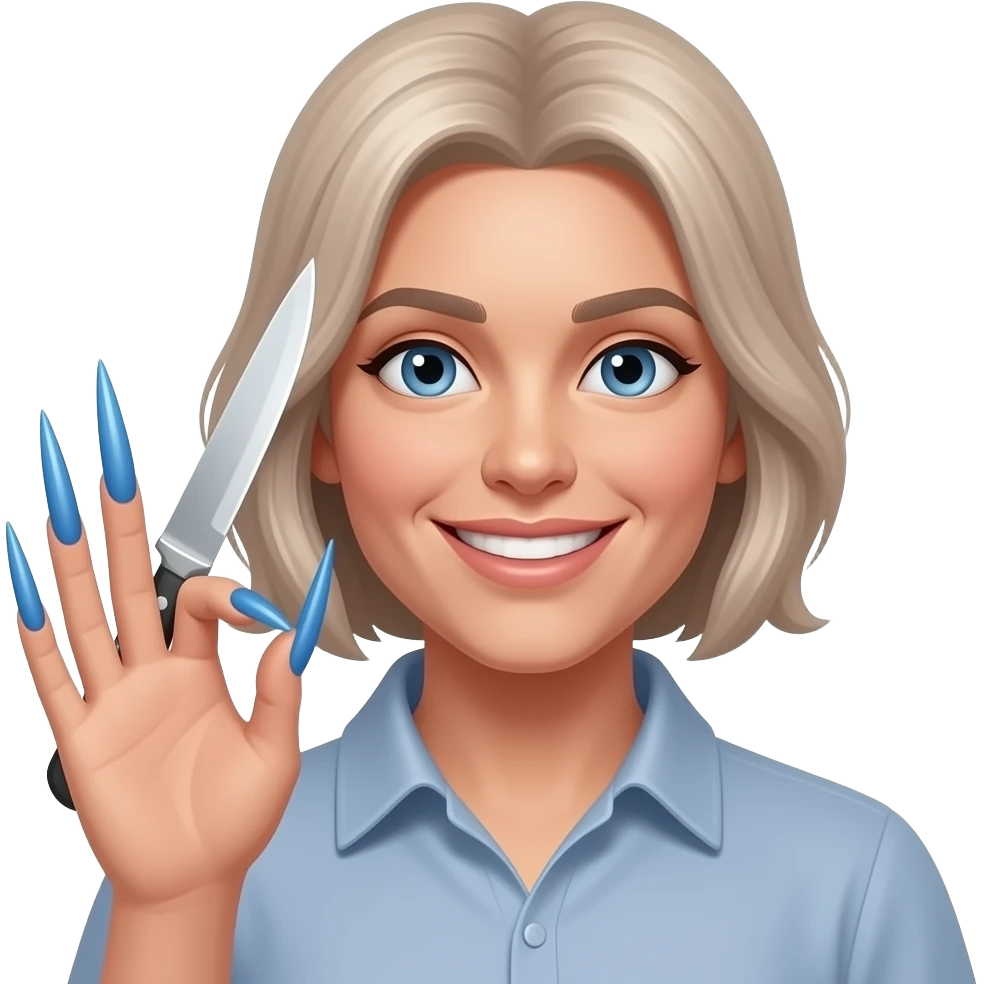 A smiling emoji with a hand with very long blue nails nails holding a knife emoji