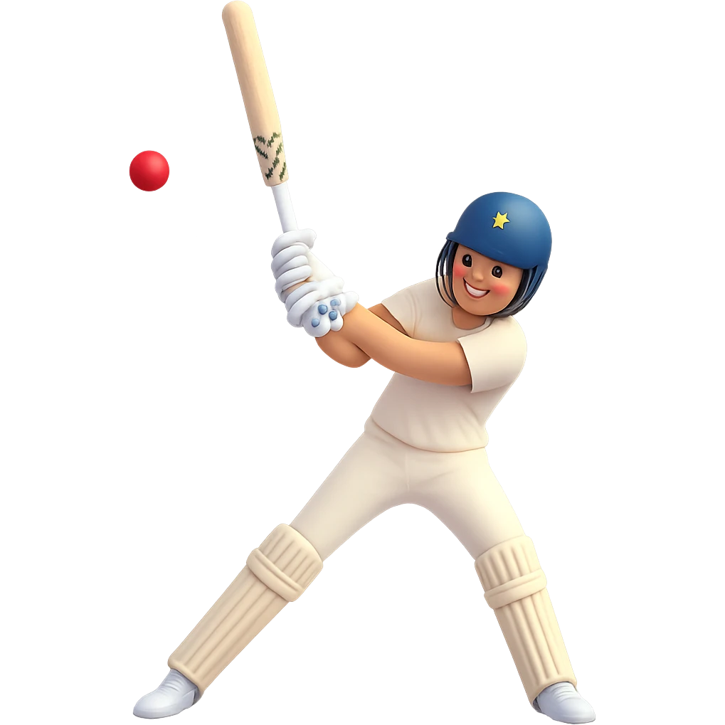 Add a cricket ball near the swinging bat in 3D emoji style with no background, matching the existing 3D emoji style of the image. emoji