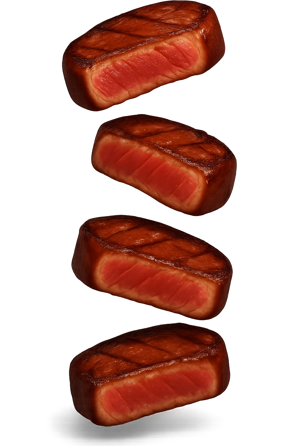 emoji stile iphone in 3d di fette di carne che cadono verticalmente dall'alto, iperrealistico 4k emoji