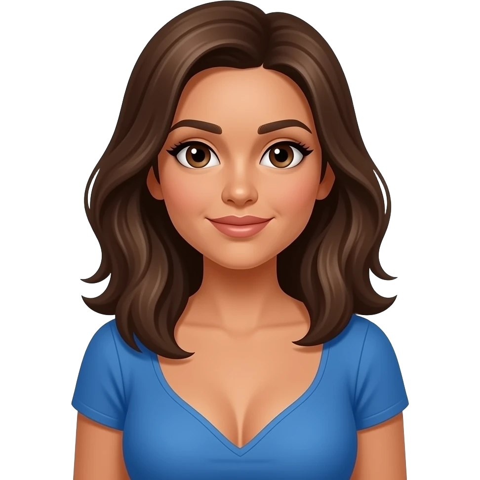 blue top, brown skin, brown hair, Latina, woman, breasts showing emoji