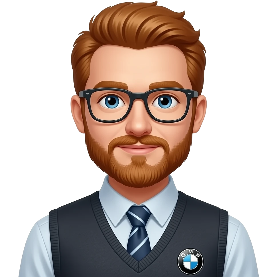 ginger man with glasses, beard in a BMW emoji