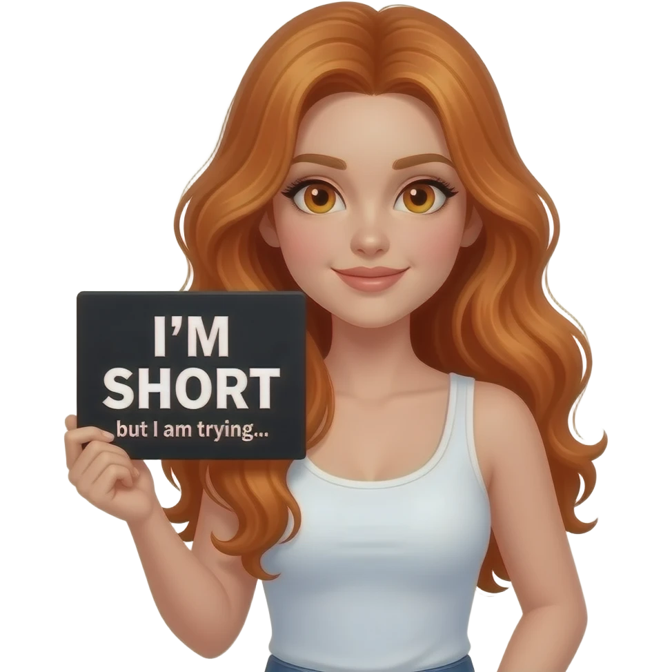 sexy girl with long wavy ginger hair and ginger eyes wearing a white tanktop is holding a black colored sign with I'M SHORT but I am trying... written on it emoji