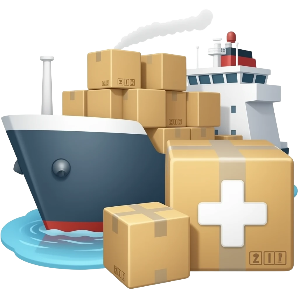 Create an emoji that shows a cargo ship with export boxes, a smaller import box, and a plus sign. emoji