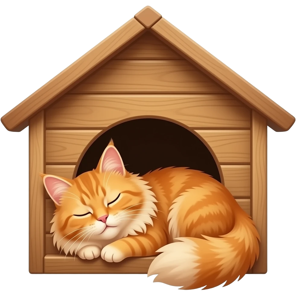 A fluffy long-hair orange Maine Coon is peacefully dozing inside a small wooden outdoor cat house, with just its head poking out of the entry hole, eyes closed in contentment. emoji