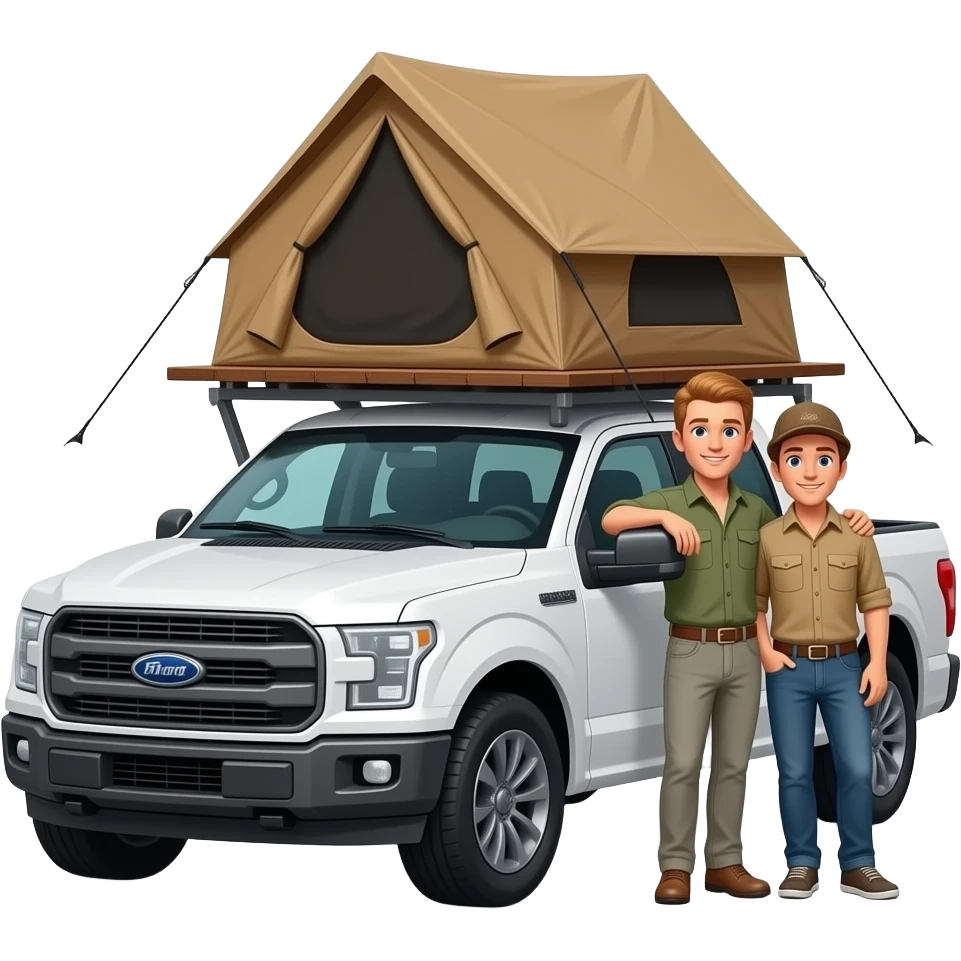 Roof top tent on a F150 with 2 gay guys in hunting shirts emoji