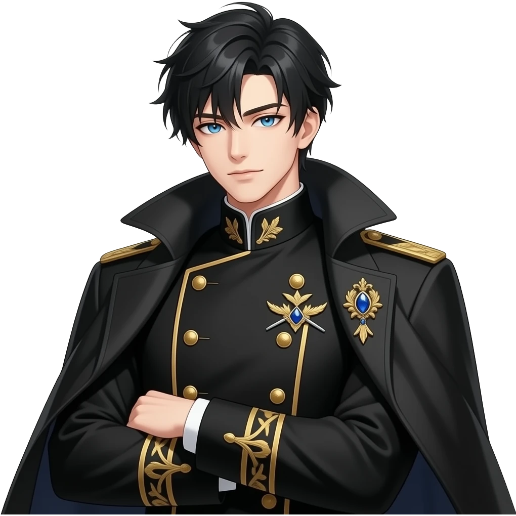 handsome muscular anime noble, jet black layered hair, piercing oceanblue eyes, pale skin, sharp aristocratic features, wearing black navy high-collared military-style uniform with gold embroidery, gold-trimmed cuffs, gold-trimmed cuffs, gold epaulette with blue gemstone brooch & wool-collared coat emoji