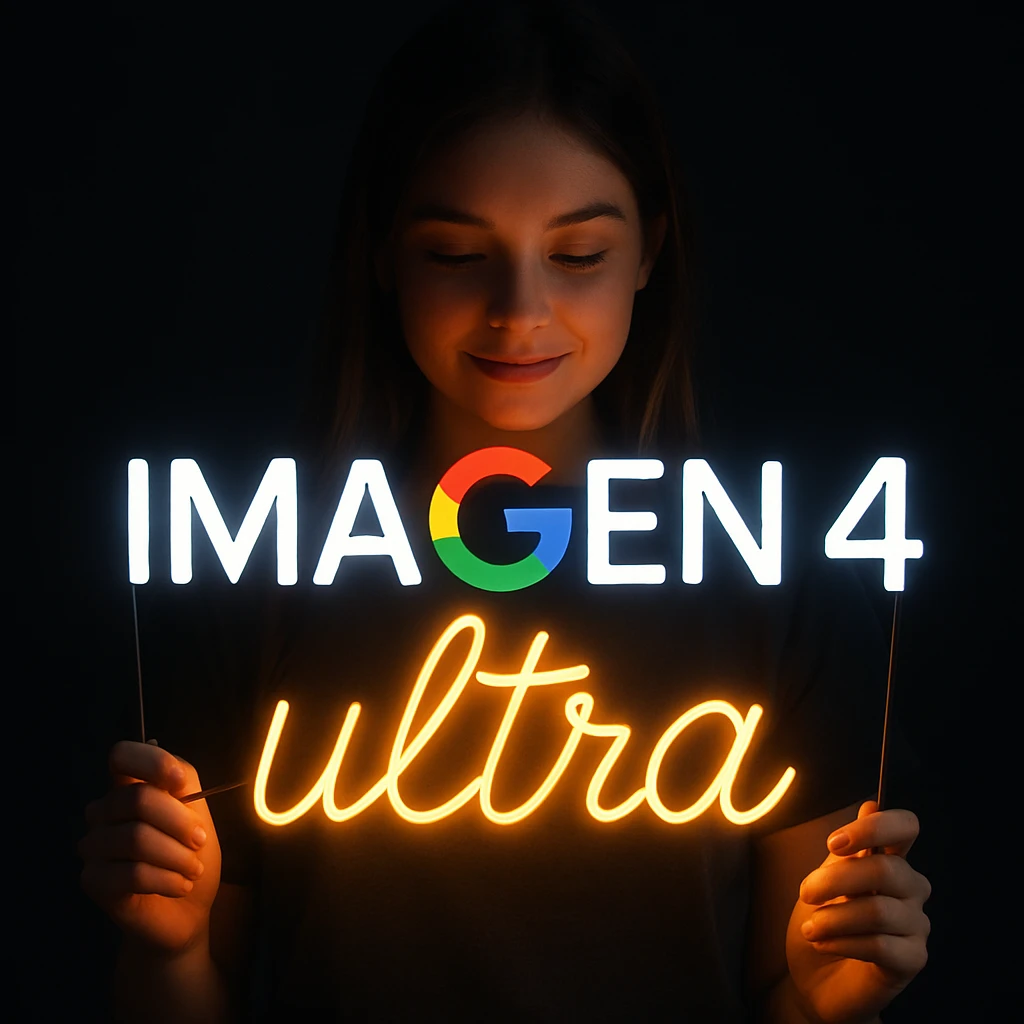 make a girl holding this sign, but sign in made of neon, also add ultra below the sign emoji