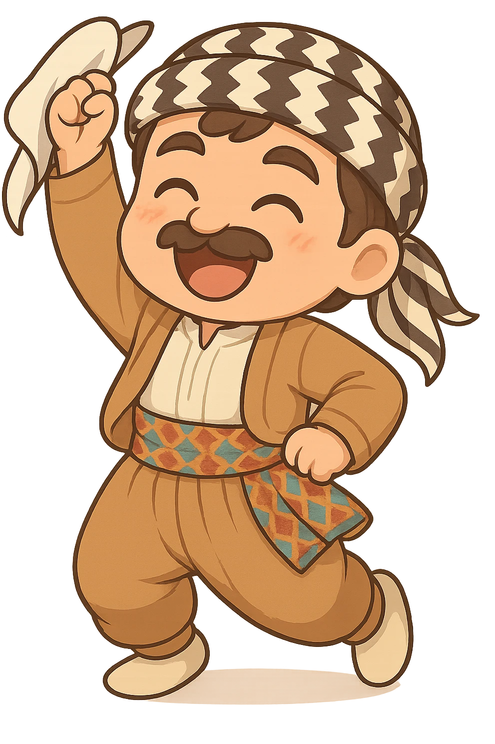 Create a chibi Kurdish cartoon sticker based on the reference image, showing a happy (smiling/laughing) expression, with a transparent background. emoji
