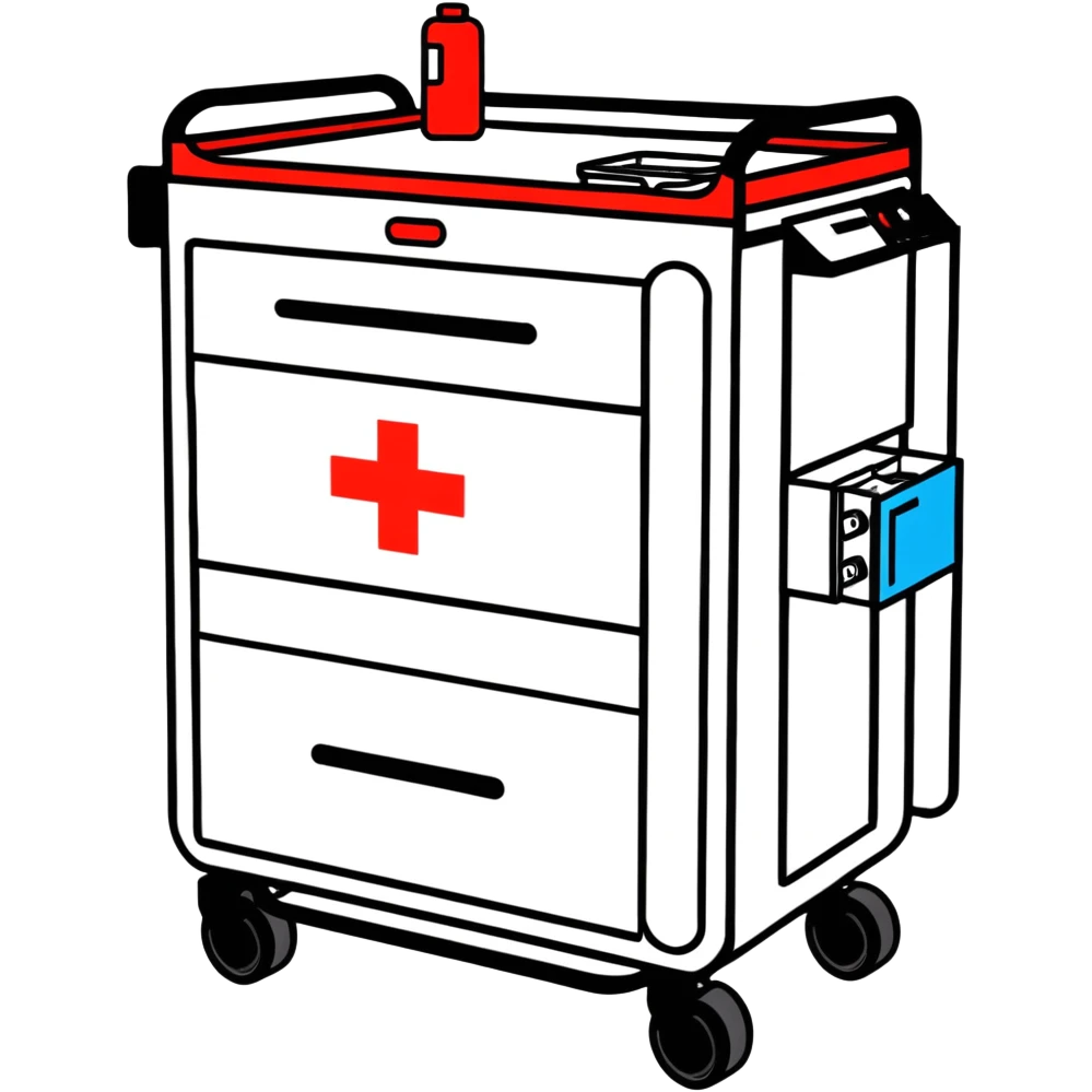 Singular Red medical crash cart is a mobile, multi-drawer unit designed to store and organize emergency medical supplies and equipment and a cardiac defibrillator on top emoji