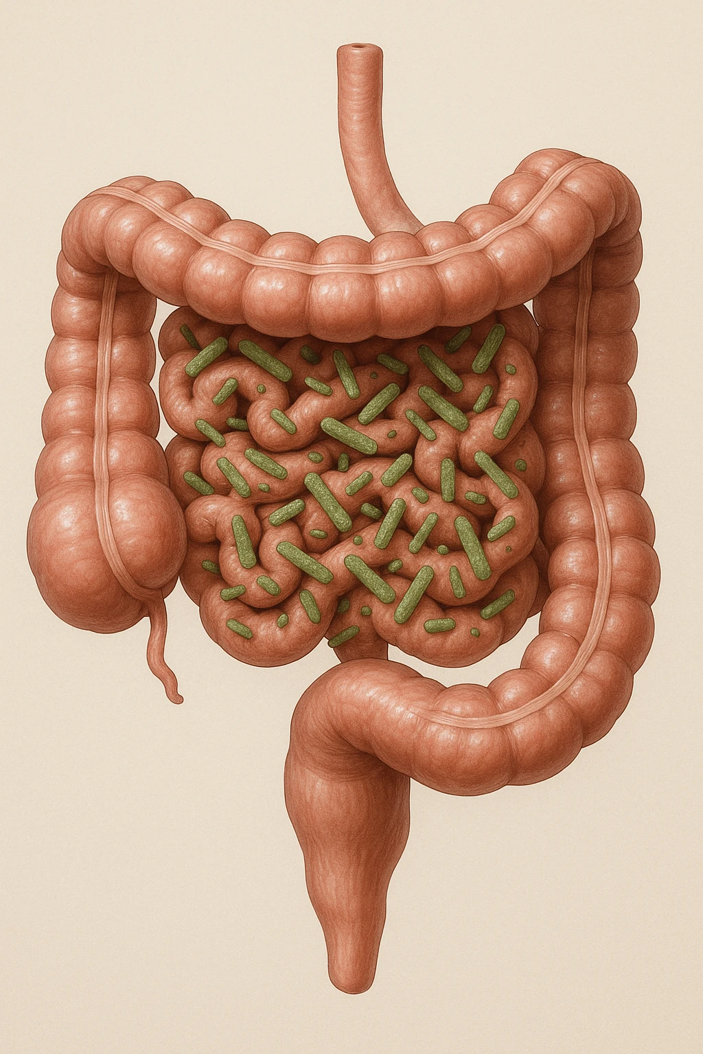 intestino umano anatomico in salute con batteri intestinali, sfondo chiaro neutro, IPERREALISTICA 4K emoji