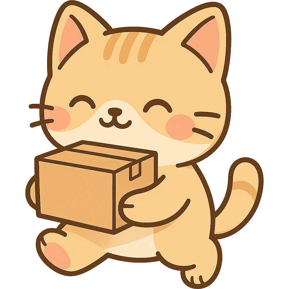 Sevimli ve net küçük paket mama kargo kutusu taşıyan kedi, arka plansız, chibi stickers tarzında. emoji