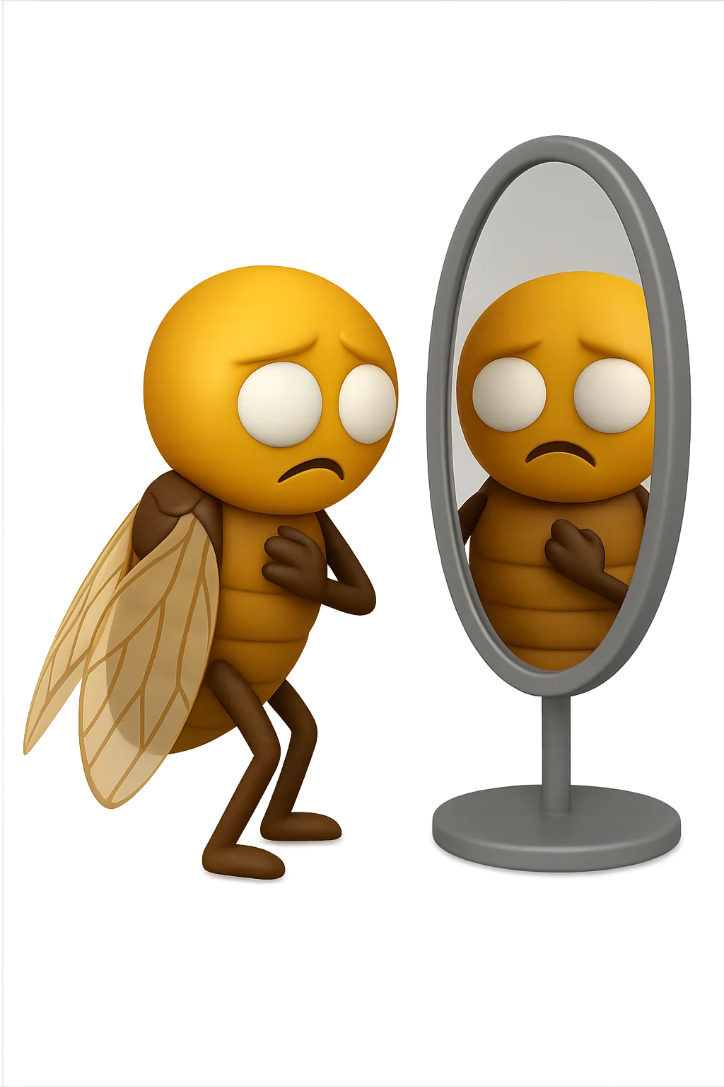 EMOJI STILE IPHONE 3D DI una cicala troste che si guarda allo specchio insoddisfatta del suo fisico, fagli gli occhi bianchi , non solo la pupilla emoji