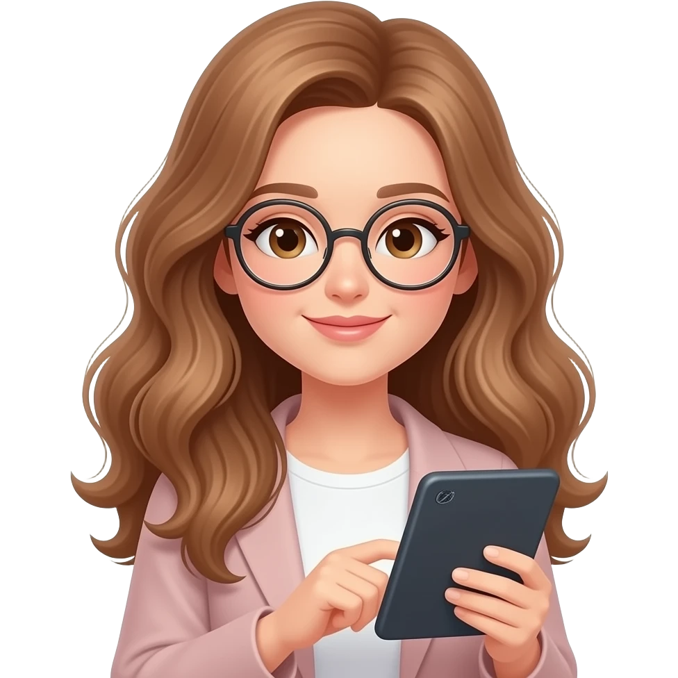 detailed emoji illustration of a curvy woman with long light brown wavy hair, light brown eyes and round glasses reading on an e-reader device, calm cozy atmosphere, cute emoji style emoji
