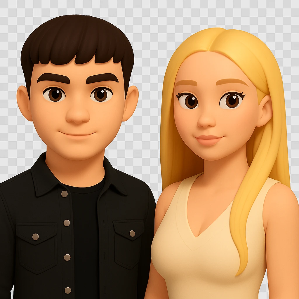 Slightly increase the volume of the upper body of the girl, spread them far apart from each other, make the skin color the same for both characters, keep the cartoon style, and maintain a transparent background. The original style is cartoonish, so preserve that look while editing. emoji