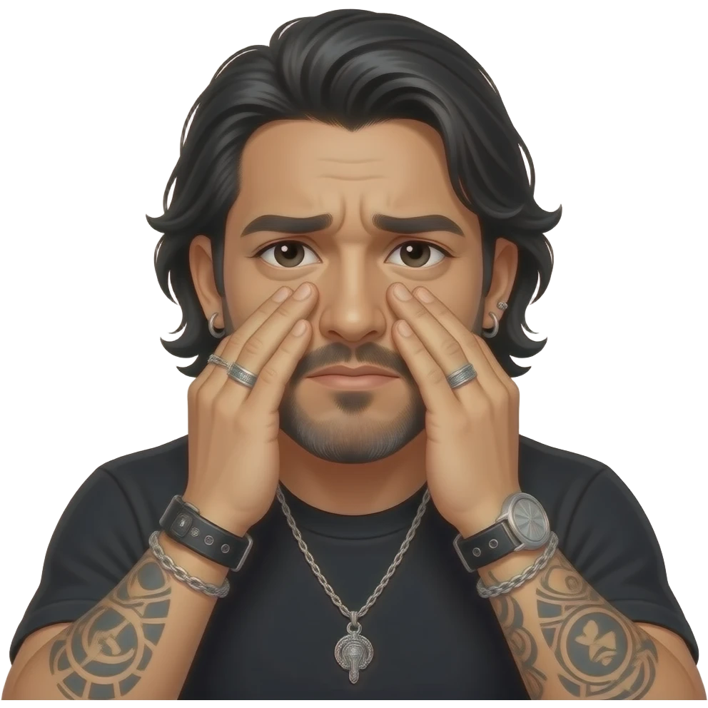 handsome, manly Latino podcast host with black colored eyes wearing black with silver jewelry, with medium length hair, a very long, lightly graying beard and tattoos, his ear and nose pierced. Face palms 🤦🏽 emoji