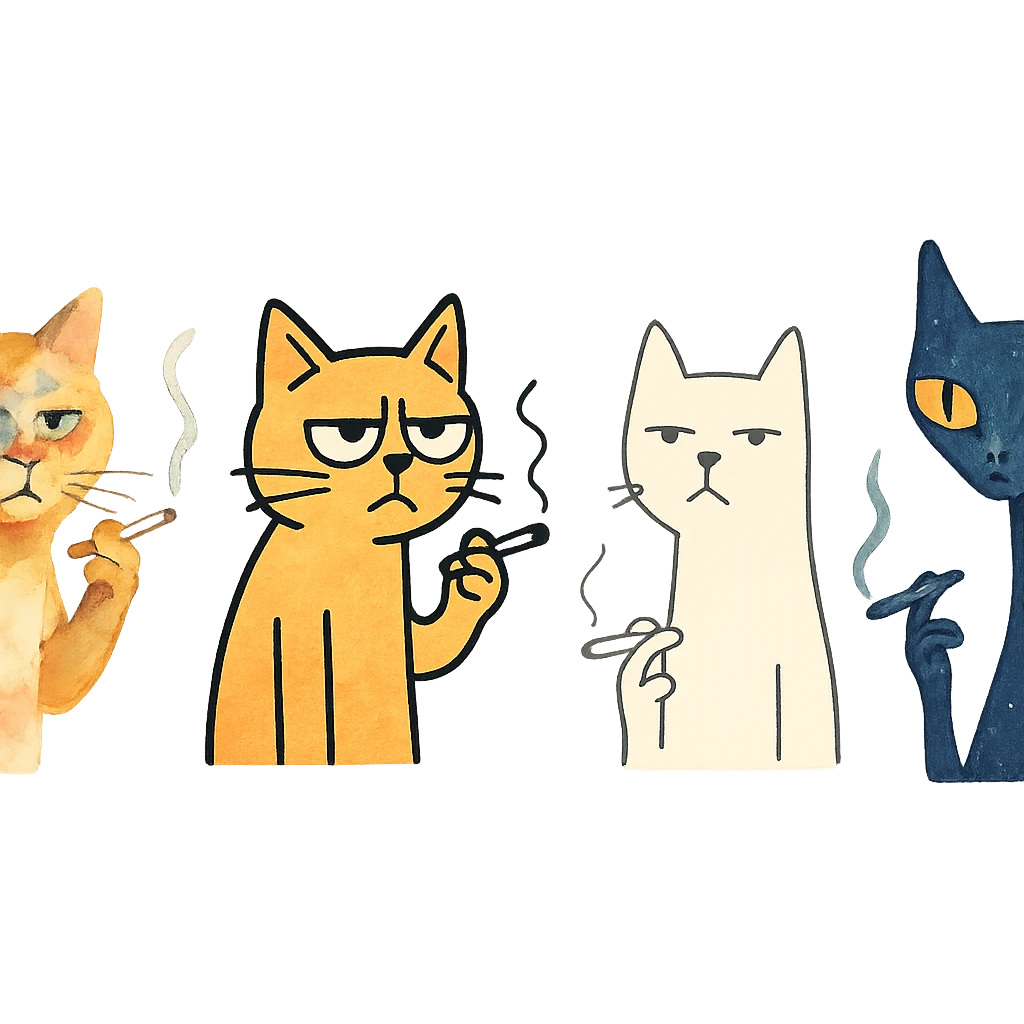 cat holding a cigarette, various artistic styles, creative and stylized illustration emoji