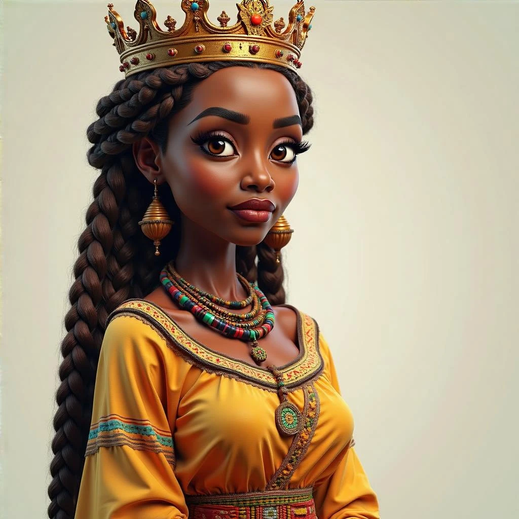 Create me a Stylized 3D Character Art of an beautiful Ethiopian Queen of Sheba wearing a queen crown, traditional Ethiopian habesha kemis dress. Do a balance of realism and caricature with Rich Textures having a Hand-Painted Feel. Give her beautiful hair with braids and make her brown skinned.  emoji