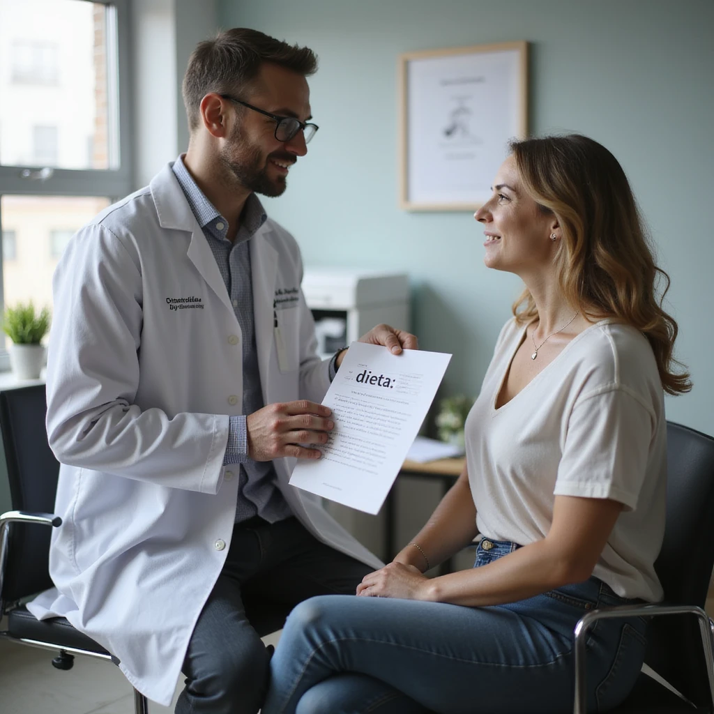 hyperrealistic 4K image of a male nutritionist in a white coat handing a sheet with the word 'dieta' to a seated female patient in his office, medical studio setting, variation 9 emoji
