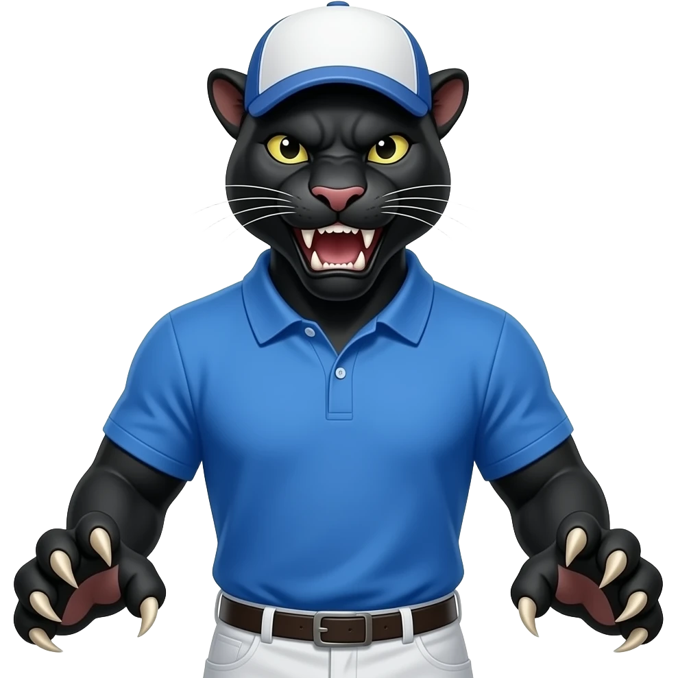 hazme una pantera imponente fuerte y poderosamostrando garras y comlillos con polo azul y gorra deportiva sin logos sn pantalones emoji