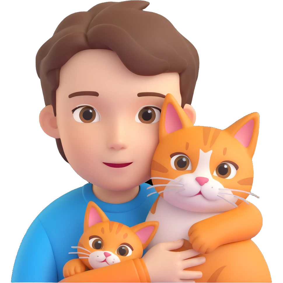boy and cat pet in forrest background, close up pose emoji