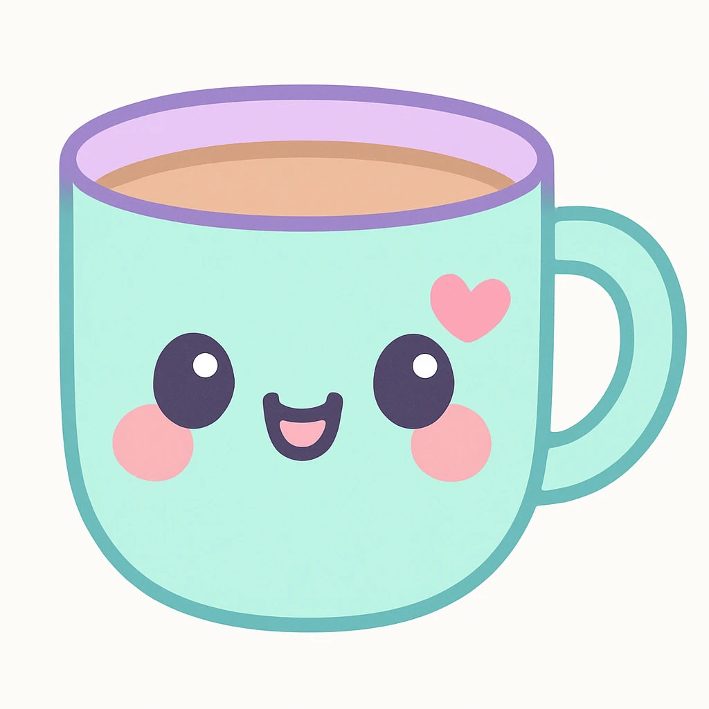 kawaii style coffee cup with a happy face, blushing cheeks, and a little heart, soft color palette emoji