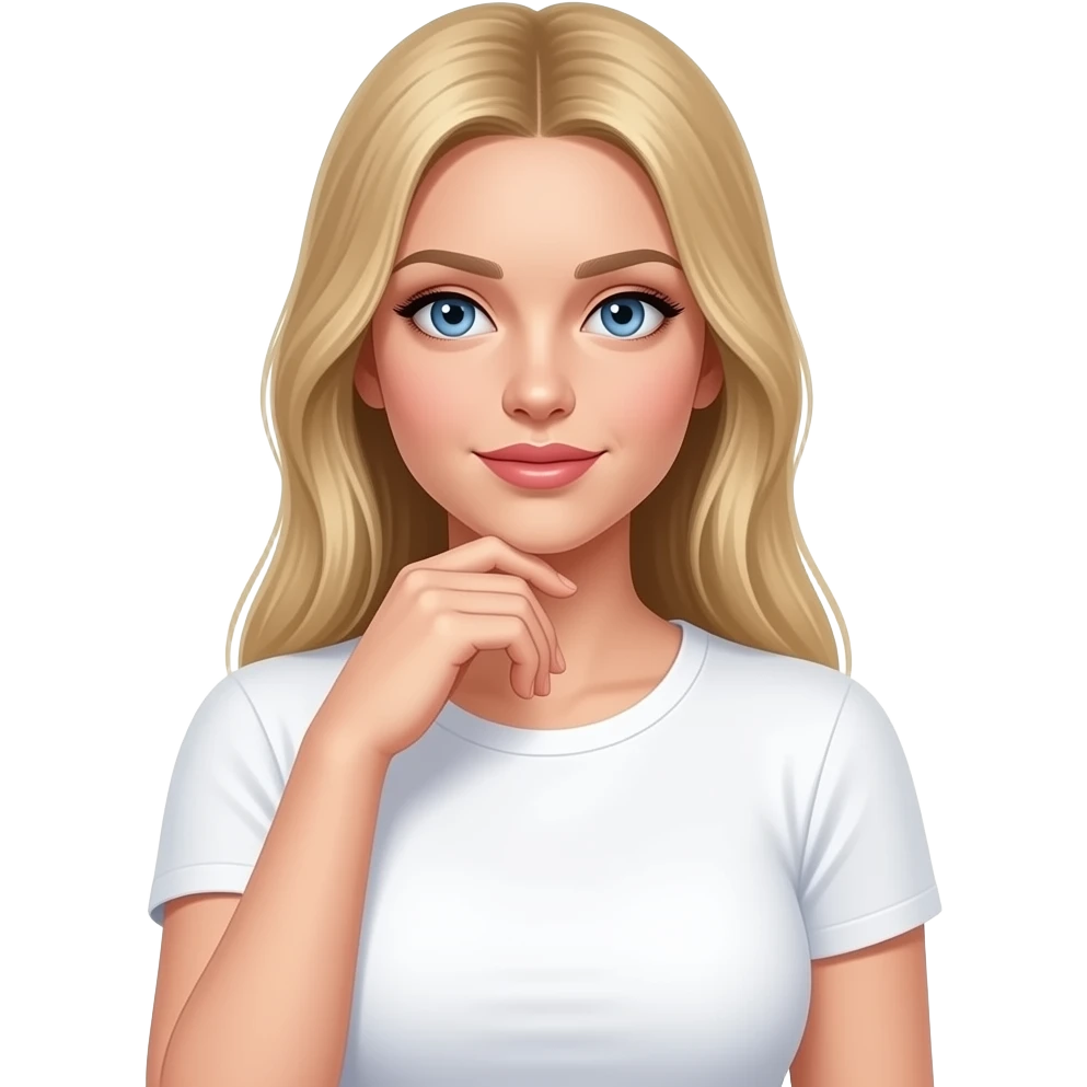 ragazza russa bionda occhi azzurri capelli lisci lunghi, seno prosperoso  titubante mano sotto il mento maglietta bianca emoji