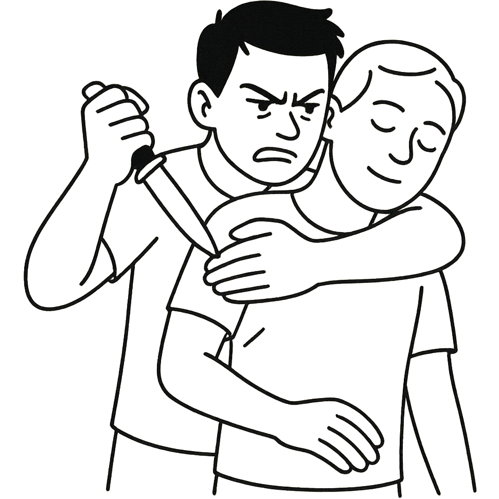 Edit the image to show the person being hugged with closed eyes, while the person holding the knife looks angry and is stabbing the other person. Keep the style consistent with the original. No background. emoji