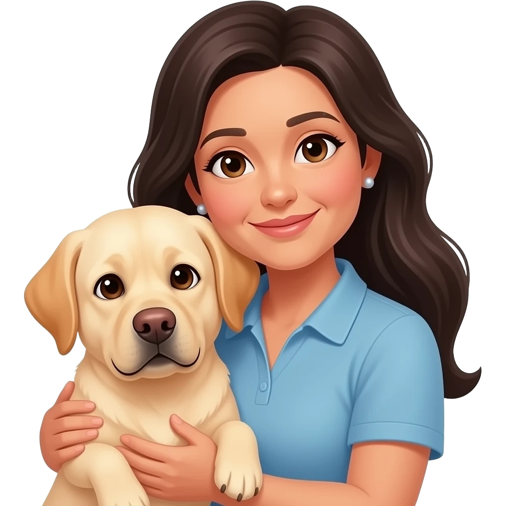 woman, middle aged, long dark hair, small earrings, brown eyes, cuddling labrador emoji