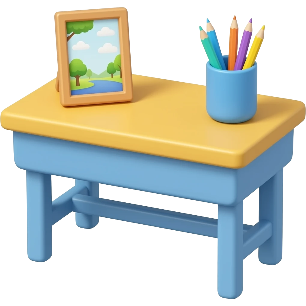 soft blue yellow school table with stuff anf frame on, transparent background inspired by barbie colour pallete emoji