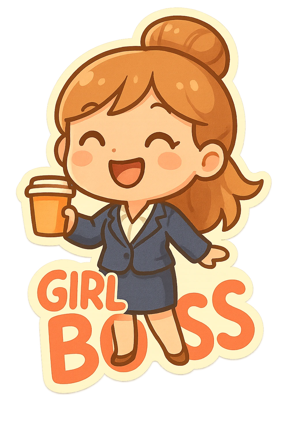 girl boss, cartoon style, cheerful, holding coffee, bright palette emoji