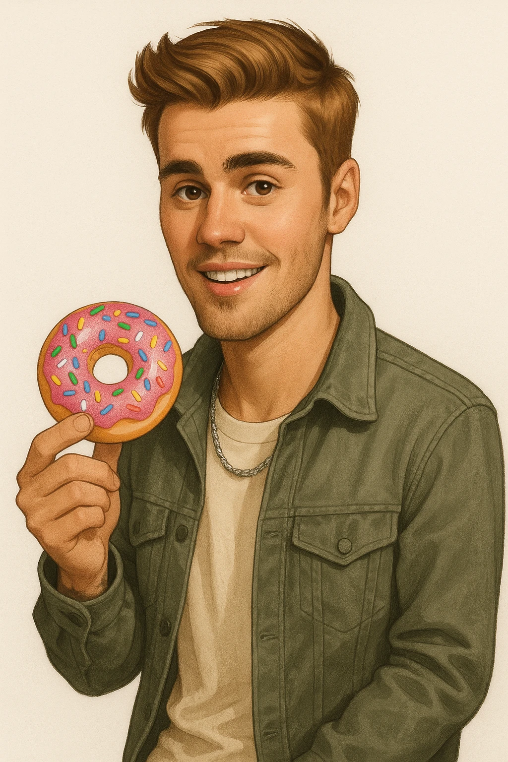 realistic cartoon style illustration of Justin Bieber holding a donut emoji