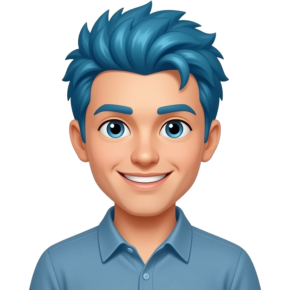 blue spiky hair, young man smiling emoji